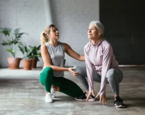 Woman staying active with walking, yoga or stretching