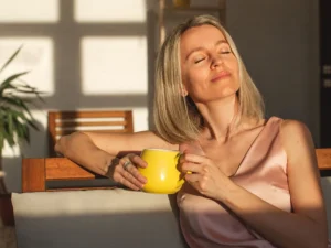 A woman enjoying her tea